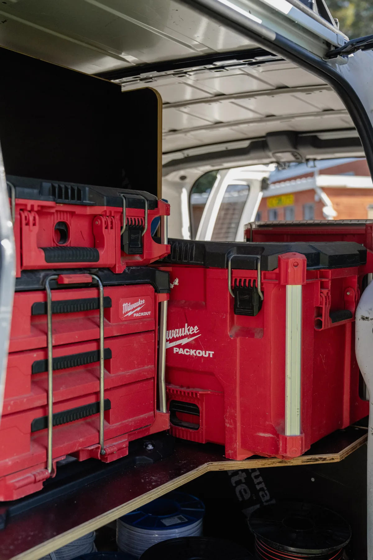 Modular toolboxes mounted into a plywood van fitout